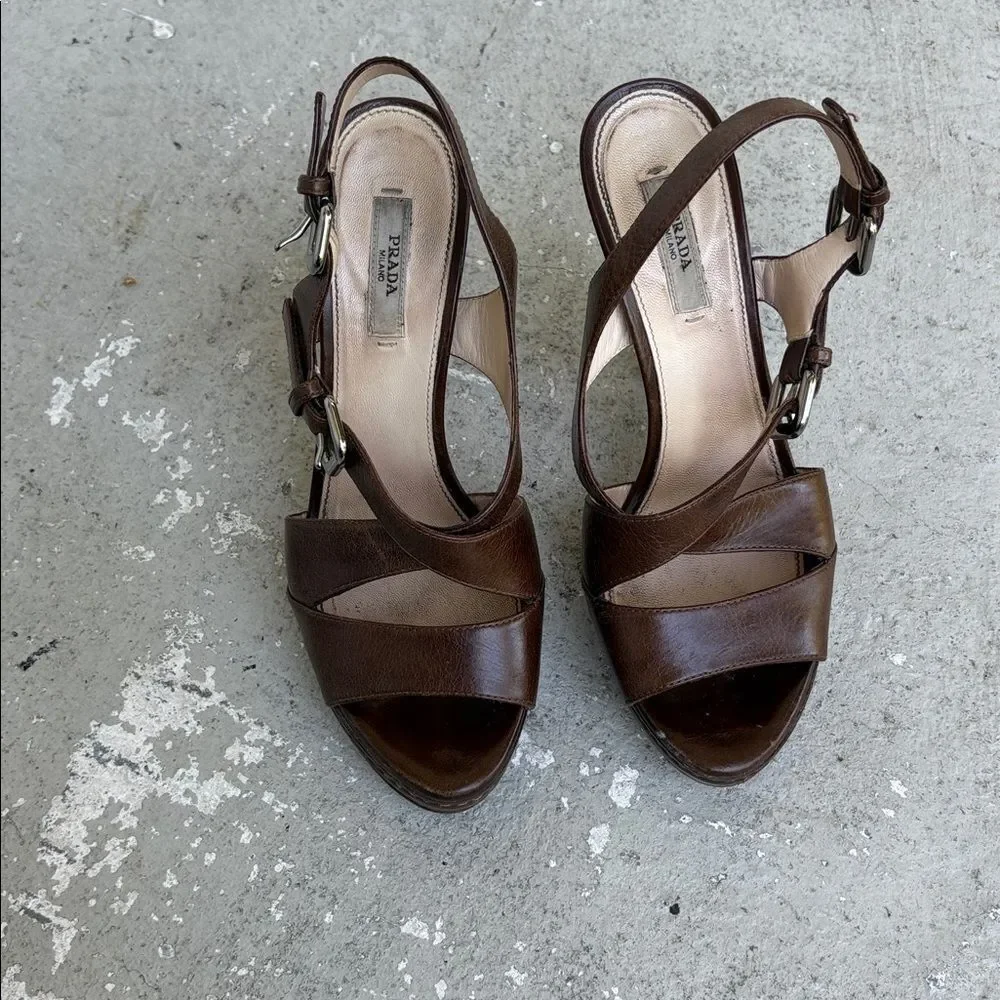 Prada crisscross open toe platforms